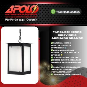 Farol de Hierro con Vidrio Arenado Grande | H:305 mm | Estilo y Resistencia para Exteriores