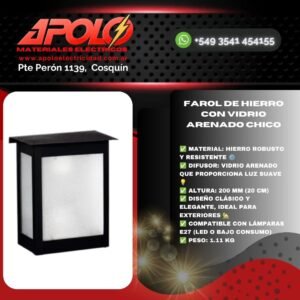 Farol de Hierro con Vidrio Arenado Chico | H:200 mm | Estilo Clásico y Duradero
