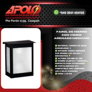 Farol de Hierro con Vidrio Arenado Mediano | H:240 mm | Diseño Clásico y Resistente
