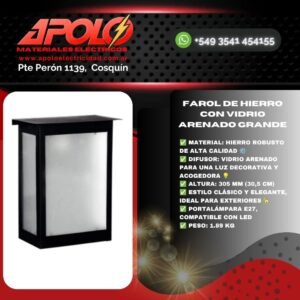 Farol de Hierro con Vidrio Arenado Grande | H:305 mm | Diseño Clásico para Exteriores