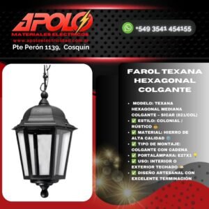 Farol Texana Hexagonal Mediana Colgante | Estilo Rústico y Elegante – SICAR (821/COL)